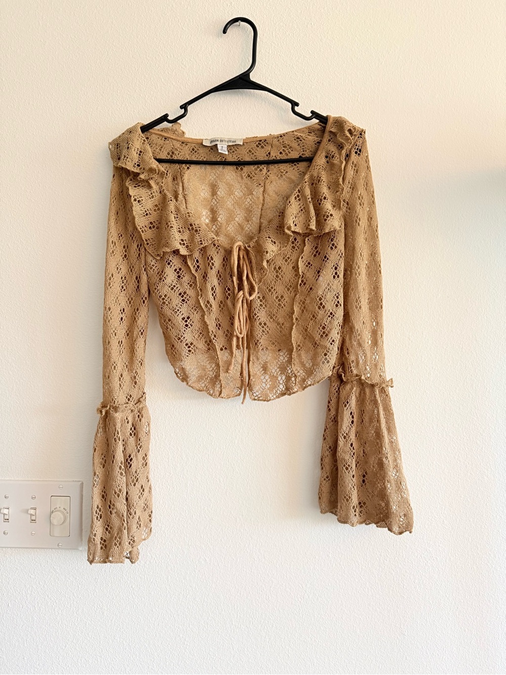 Urban Outfitters Tan Crochet Tie-Front Ruffle Blouse
